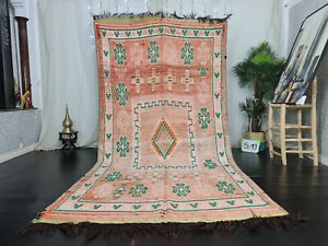 Moroccan Tribal Vintage Handmade Rug 5'7x12 Floral Pink Green Wool Berber Carpet