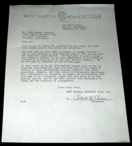 WEST SEATTLE ATHLETIC CLUB 1939 NORTHWEST FOOTBALL LEAGUE ROBERT BONE LETTER - Picture 1 of 1