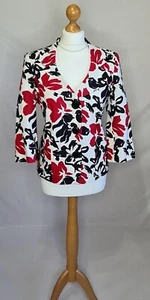 EWM Linen Mix Women's Jacket. Black Red & Ivory Floral Print 3/4 Sleeves Size 14 - Picture 1 of 16