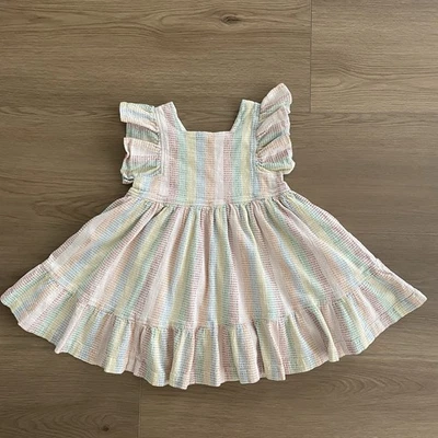 Vestido Rosa Pollo Multicolor Rayas Texturizado Volantes Manga Niña’s Talla 3Y Foto 1 de 4