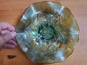 Carnival Glass MILLERSBURG GREEN MYSTERY Peacock & Urn Bowl - Picture 1 of 10