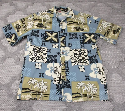 Camisa Hilo Hattie Para Hombre Mediana Azul/Marrón Hawaiana Floral Tribal Hecha en EE. UU. Foto 1 de 4