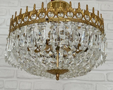 Antique Vintage Brass & Crystals  Semi Flush Mount Low Ceiling Chandelier  Lamp Cover