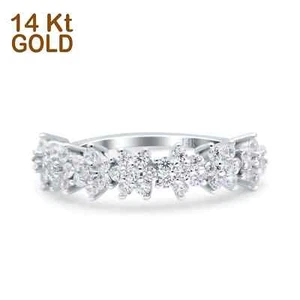 14K Gold Seven Stone Flower Half Eternity Band Round Engagement Ring CZ 4mm - Picture 1 of 24