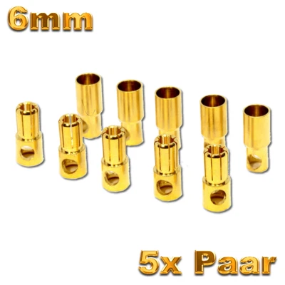 CORADTECH 5 Paar 10 Stück 6mm 6,0mm 6.0mm Goldstecker Stecker Buchse Plug Motor ESC Lipo