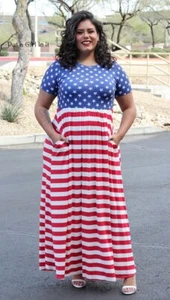 Nuevo MAXI VESTIDO TALLA GRANDE Mujer SUAVE EE. UU. BANDERA AMERICANA ESTRELLAS BOLSILLOS 1X 2X 3X - Imagen 1 de 6
