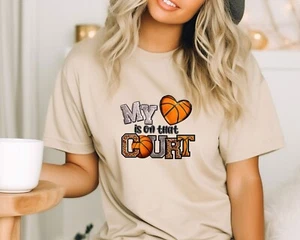 My Heart Is On That Court Basketball Mom Shirt Game Day T-Shirt Mothers Day Gift - Picture 1 of 10