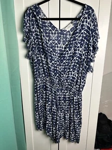 Terra Sky Women’s Romper Blue White Geometric V Neck Flutter Sleeve Sz 1X - Picture 1 of 7