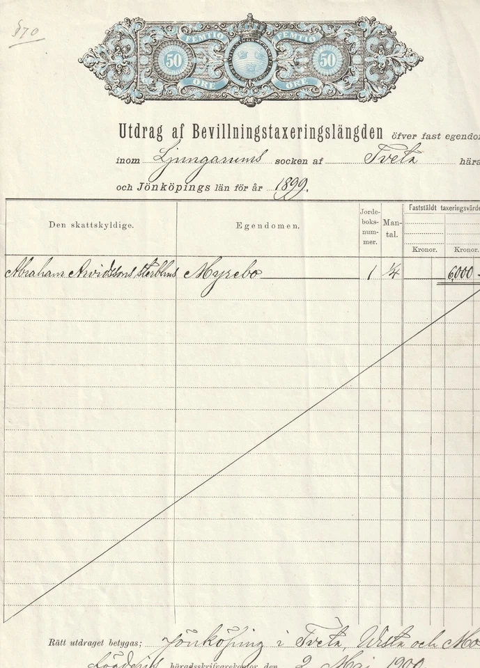 SUECIA: 50 öre de ingresos por título de escritura documento 1899. Foto 1 de 1