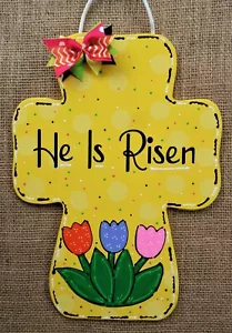 He Is Risen EASTER CROSS SIGN Wall Art Door Hanger PLAQUE Tulips Spring Decor - Picture 1 of 1