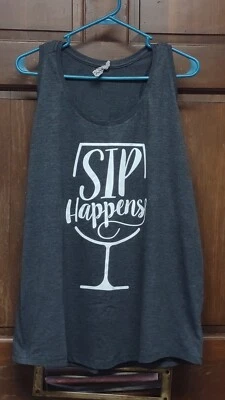 Instant Message Charcoal Gray Womens Tank Top Wine Glass "Sip Happens" Size XL — 第 1/2 张图片