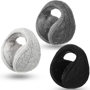 Foldable Ear Warmers Adjustable Knitted Earmuffs with Fuzzy Fleece Lining Unisex - Picture 1 of 7