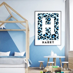 Personalised Blue Animal Print Initial Name Print Leopard Decor Wall Art 630 - Picture 1 of 2