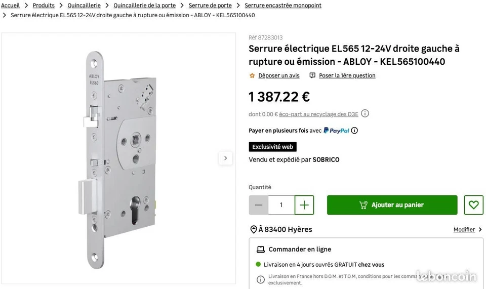 Serrure électrique Abloy EL565 12-24V droite gauche à rupture ou émission Câble - Photo 1/4