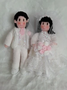 Knitted BRIDE AND GROOM bride white dress, Groom white suit ,pink bouquet - Picture 1 of 5