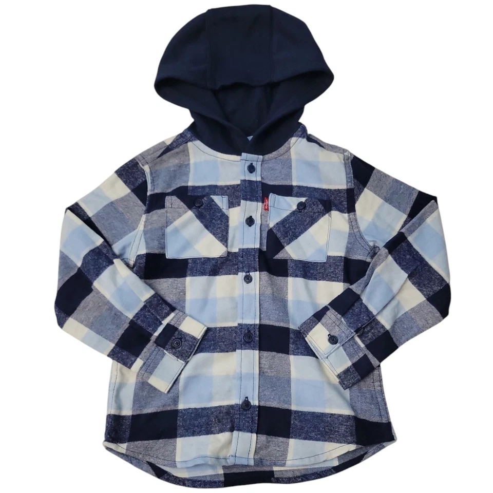 Levi's Boys Hooded BLUE Plaid Flannel Button Up Long Sleeve Shirt Size XS 4/5