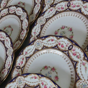 Set 8 Antique CAULDON Porcelain 9" Plates HP Enamel PINK ROSES Blue FMNs w GILT - Picture 1 of 6