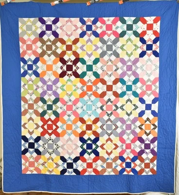 Large, COLORFUL Vintage 40's Kaleidoscope Antique Quilt, Nice Blue Border! - Image 1 of 4