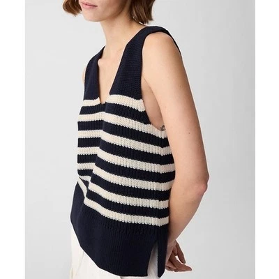 Gap Relaxed Striped V-Neck 100% Cotton Sweater Vest Navy Ivory Size Small Petite - Image 1 of 4