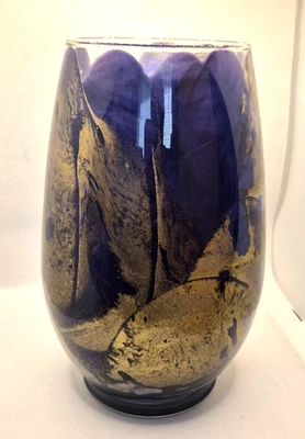 Candelabro de pilar de vidrio soplado para velas Alaura - diseño de remolino azul/dorado - EE. UU. - USADO EN EXCELENTE ESTADO Foto 1 de 4