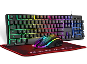 WG® RGB Gaming Keyboard Mouse Pad Combo UK LED Backlit Wired Set PC Laptop Gamer - Picture 1 of 9