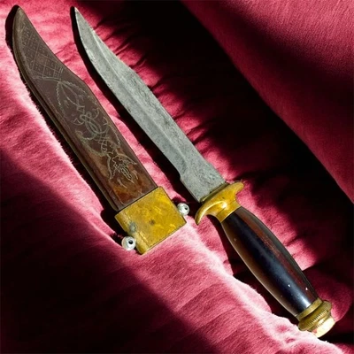 Cuchillo Daga Antiguo Hoja Fija Mango Madera Vaina Caza Hombres Raro Antiguo 20 Foto 1 de 4