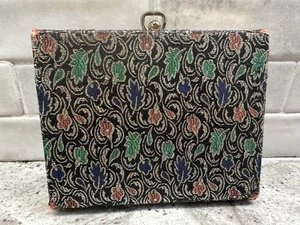 Vintage Black And Gold Floral Brocade Fabric Covered Travel Jewelry Hard Case - Picture 1 of 18
