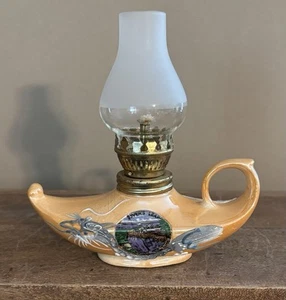 Vintage Genie Style Mini Hurricane Aladdin Oil Lamp Gold Ceramic Kenmar Japan - Picture 1 of 11