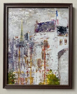 Original Abstract Mid Century Modernist Cityscape Oil On Board Painting - Picture 1 of 11