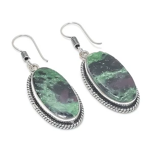 Natural Ruby Zoisite Gemstone 925 Starling Silver Jewelry Earring Size 1.75" - Picture 1 of 1