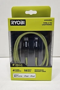 RYOBI 4' USB-C to Lightning Cable 4' Charging Cord MFi-Certified AC0i4USBCL, New - Picture 1 of 2