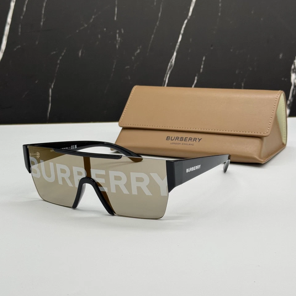 Burberry Men Sunglasses Black Grey Gold Mirrored Shield BE4291 3001/G
