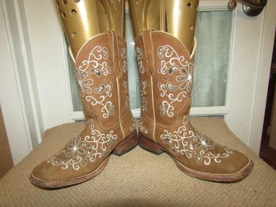 Mexico Brown Leather Square Toe Cowgirl Boots Youth Size 13 Mex 20 - Image 1 of 4