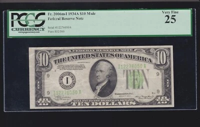 US 1934A $10 FRN Minneapolis Mule FR 2006m-I PCGS 25 VF (050) - Image 1 of 2