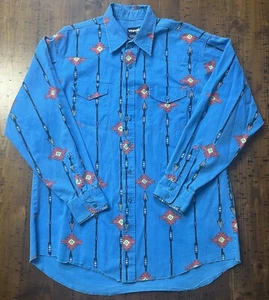 Vintage Wrangler blau Brushpopper Button Down Hemd Azteken Rodeo Cowboy 17-34 USA - Bild 1 von 17