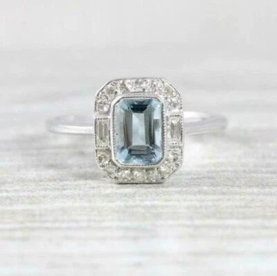 1.80 Ct Emerald Cut Real Aquamarine & Diamond Engagement Ring 14K White Gold - Image 1 of 4