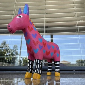 Donkey Mexico Wood Carving Hand Painted Folk Art Oaxaca  Pink Blue Hearts - Picture 1 of 19