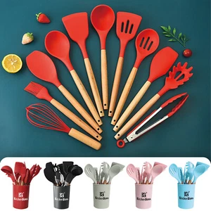 AEX 12pc Cooking Set Kitchen Utensils Wooden Spoon Silicone Tool Baking Spatula - Picture 1 of 12