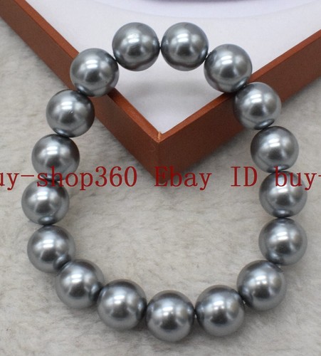 STONE ISLAND Bracciale moda 12 mm argento grigio conchiglia mari del sud perle pietre preziose perline 7 5'' AAA