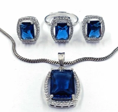 Silver Plated Ethnic AD CZ Jewelry Blue Topaz Earrings Necklace Ring Set - Imagem 1 de 4