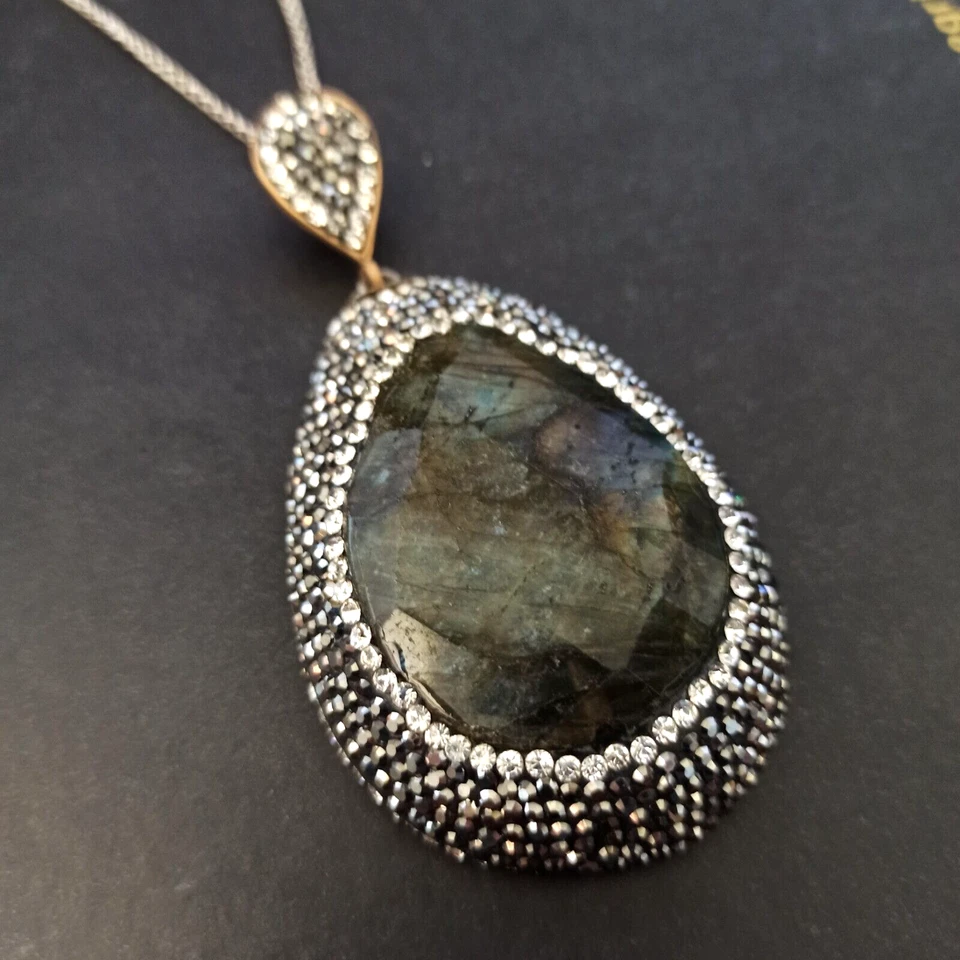 卓越拉长石超大吊坠项链银色 925 水晶鸡尾酒独特 — 第 1/4 张图片