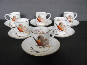 6 SETS HAMMERSLEY BONE CHINA PHEASANT GAME BIRDS DEMITASSE CUPS & SAUCERS - MINT - Picture 1 of 9