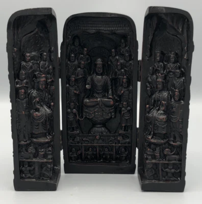 Santuario budista tríptico plegable portátil chino de resina 6 3/8" de alto Foto 1 de 4