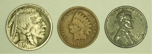 Indian Head Penny, Buffalo Nickel und ein 1943 Steel Wheat Cent (3 Münzen) Lot  - Bild 1 von 2
