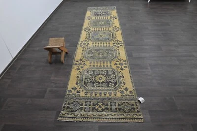 Vintage Turkish Runner Rug 3x12ft Wool Anatolian Handmade Hallway Oushak BEIGE Foto 1 de 4