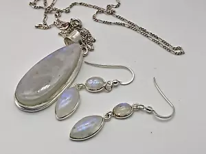 Vintage Sterling Silver 925 Pendant and Earrings Set Rainbow Moonstone 17.37g - Picture 1 of 8