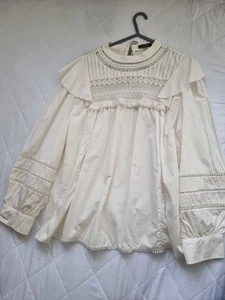 J Crew Women's Blouse White Long Sleeve Ruffle Lace 100% Cotton Top Size XL - Picture 1 of 4