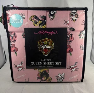 Ed Hardy 6-teiliges rosa QUEEN Lakenset schwarze Tigerherzen mit 4 Kissenbezügen NEU - Bild 1 von 2