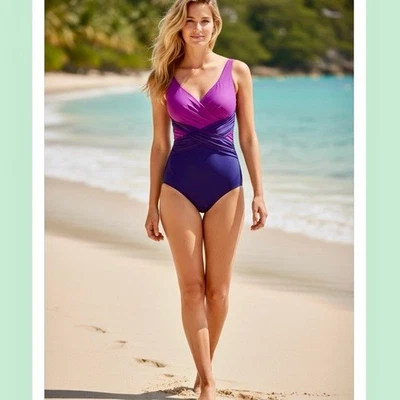 Lands' End Slender wrap tummy control Purple Swimsuit pink - Image 1 of 4