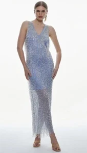 Karen Millen V Neck Fringed Applique Crystal Embellished Maxi Dress UK 12 US 6 - Picture 1 of 23